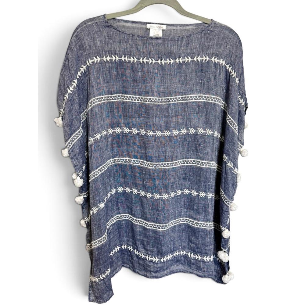 Colors De Opal Blue Linen Cotton Embroidered Pom Pom Sleeved Poncho Top One Size